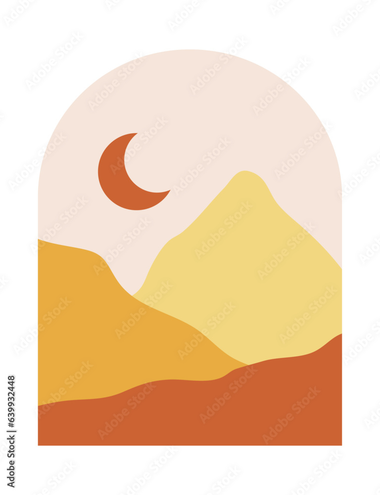 Abstract boho mountains landscape with moon in the mid century arche. Modern terracotta and yellow vector illustration. Abstract boho mountains landscape with moon in the mid century arche. Modern terracotta and yellow vector illustration.