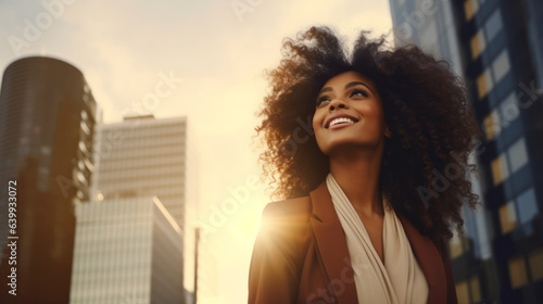 Tablou canvas Happy wealthy rich successful black businesswoman standing in big city modern skyscrapers street on sunset thinking of successful vision, dreaming of new investment opportunities
