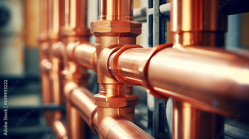 Plumbing service with copper pipeline of a heating system. Plumbing, fixing pipes and fittings for connection of water or gas systems Plumbing service with copper pipeline of a heating system. Plumbing, fixing pipes and fittings for connection of water or gas systems