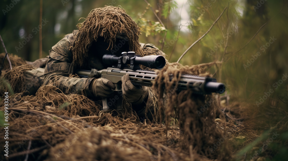 Obraz premium Special forces sniper soldier wearing ghillie suit laying on ground hiding with sniper gun