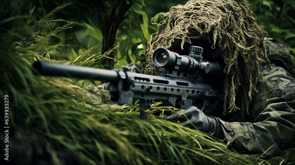 Special forces sniper soldier wearing ghillie suit laying on ground ...