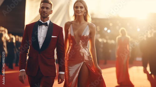 Front view of a couple of stars in gorgeous evening gowns and suit walking on the red carpet posing for awards ceremony. Celebrity nominees arrive for the premiere