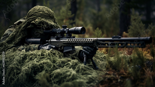 Special forces sniper soldier wearing ghillie suit laying on ground hiding with sniper gun photo