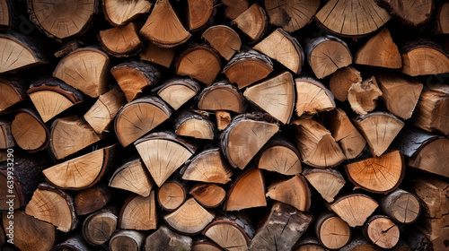 Stacked logs of fire wood texture background. Dry chopped firewood logs backdrop