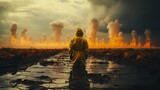 A man stands in a chemical protection suit against the backdrop of a nuclear explosion day and night. Stormy sky, shock wave against the background of a nuclear mushroom