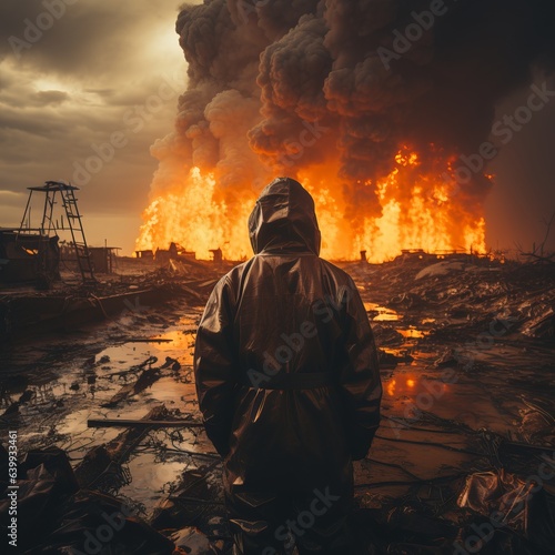 A man stands in a chemical protection suit against the backdrop of a nuclear explosion day and night. Stormy sky, shock wave against the background of a nuclear mushroom