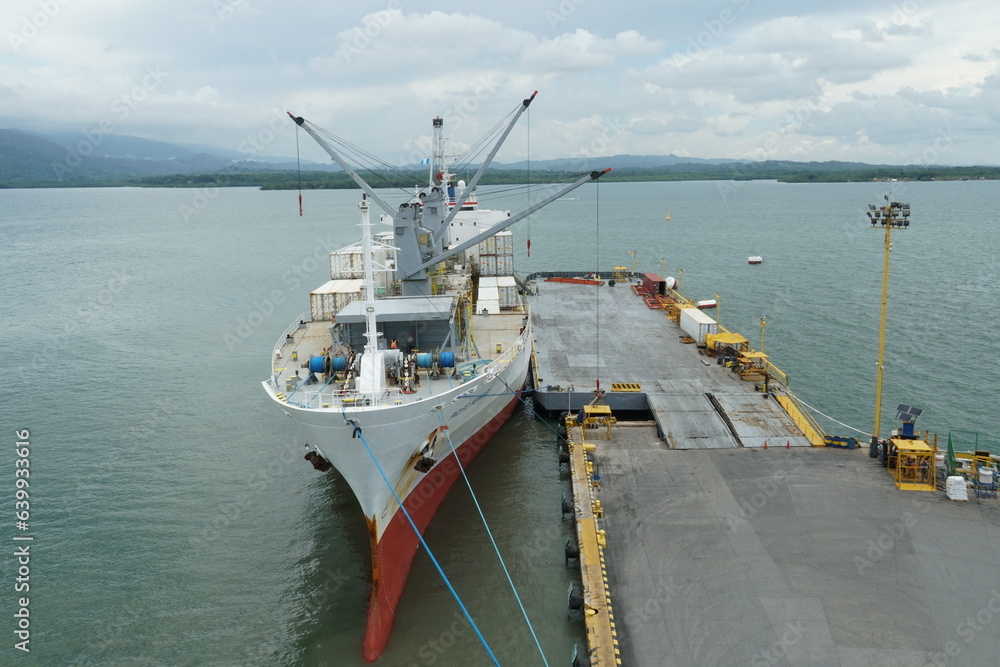 Naklejka premium White refrigerated cargo ship moored in port of Puerto Barrios. Reefer vessel is older style bulk vessel with derricks. Behind is coastline of Guatemala.