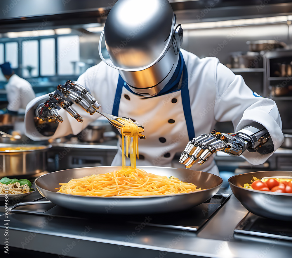 ai robot is cooking in a restaurant kitchen. Machine AI chef Robots ...