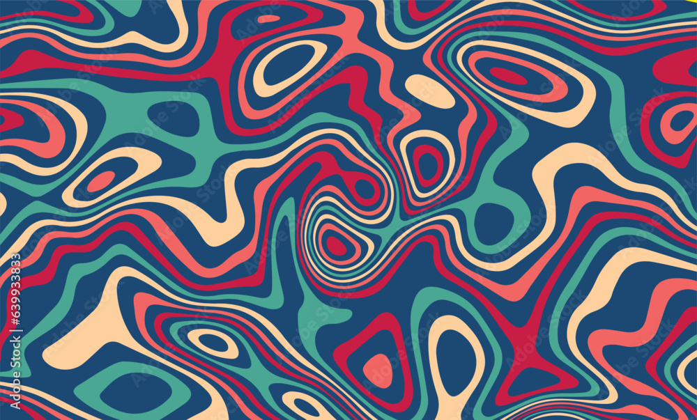 Vector groovy background in 70s retro style. Trendy abstract hippie pattern with psychedelic waves in blue tones	
