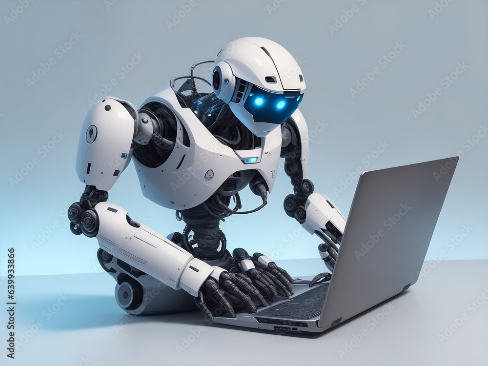 Futuristic robot using computer laptop Futuristic robot using computer laptop
