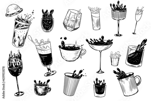 Black and white сup of spilled coffee. Different spilled drinks. Splash of wine, tea, cocktail, whiskey. Alcoholic drinks with splash. Beverage drawing with hatching. Sketch style drinking glasses