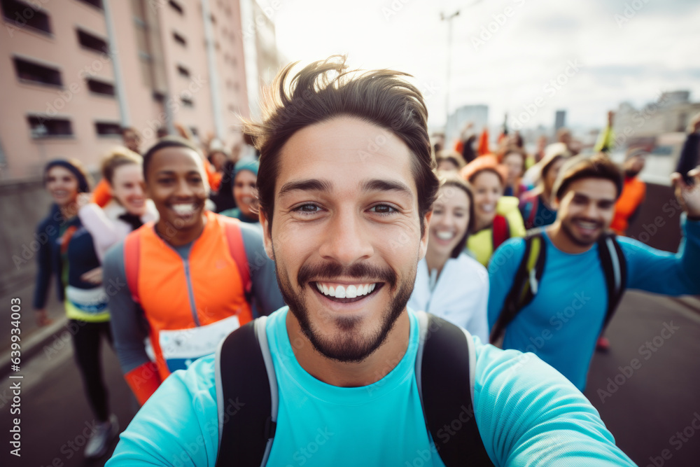 Young male marathon runner is taking a selfie picture while running , crowd of other runners and city view in the background Young male marathon runner is taking a selfie picture while running , crowd of other runners and city view in the background
