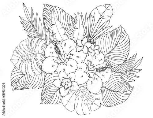 Coloring page of tropical flowers and leaves. Antistress for adults and children.