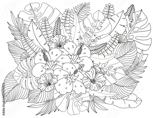 Coloring page of tropical flowers and leaves. Antistress for adults and children.