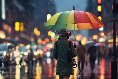 A people with an umbrella in the rain evening city trafic