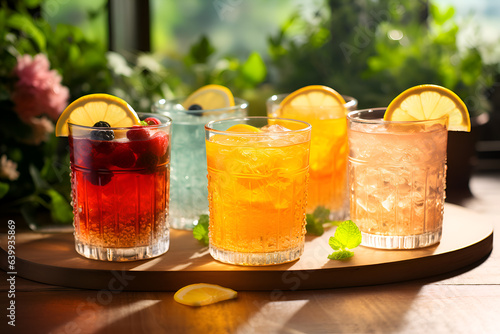 Kombucha drinks. Set of glasses with iced kombucha made of yeast, sugar and tea with addition of fruits, berries, lemon and herbs. Fermented tea or tea kvass. Probiotic drink banner, copy space photo