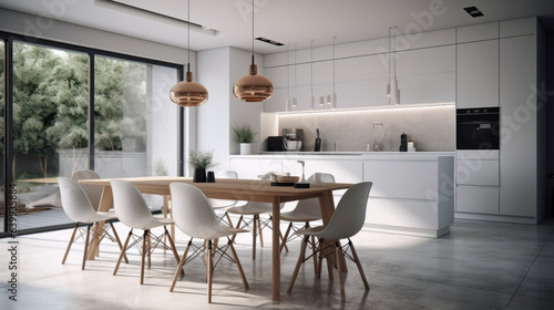 Modern minimalist kitchen room with white glossy facades  dining table with chairs  large window  trendy pendant lights  modern kitchen appliances. Minimalist interior design.