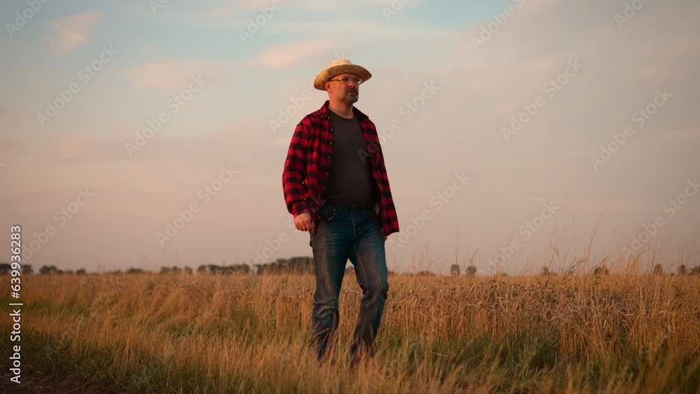 Agriculture farmer man walks through field of wheat at sunset. Agronomist male works in open field before harvesting. Agronomist worker researcher at countryside crops Agriculture farmer man walks through field of wheat at sunset. Agronomist male works in open field before harvesting. Agronomist worker researcher at countryside crops