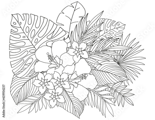Coloring page of tropical flowers and leaves. Antistress for adults and children.