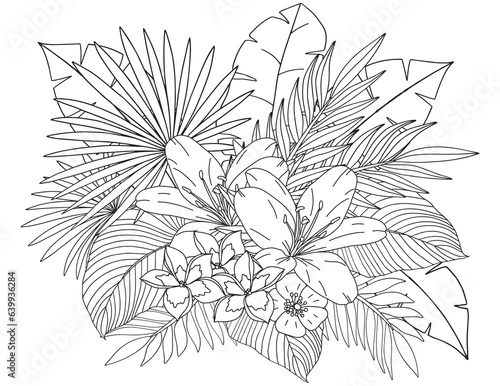 Fototapeta Naklejka Na Ścianę i Meble -  Coloring page of tropical flowers and leaves. Antistress for adults and children.