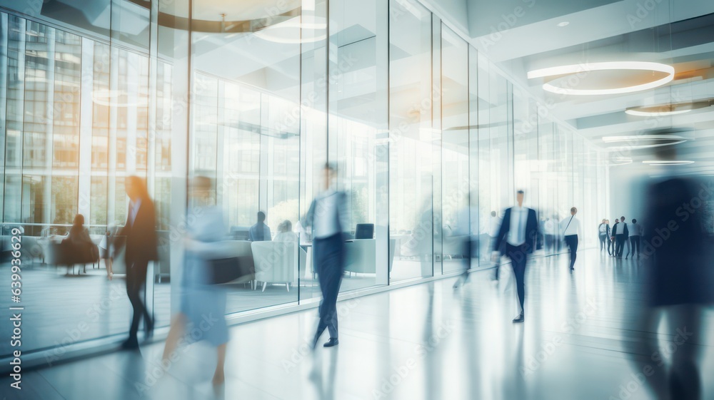 Blurred business people in white glass office background created with Generative AI