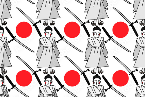 Samurai, katana and Japanese sun. Oriental Asia traditional culture. Trendy, stylish, fashionable, seamless vector pattern for design and decoration.