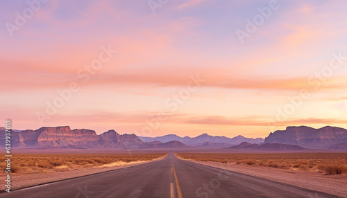 Route 66 highway road in the evening sunset with desert mountains in the background landscape