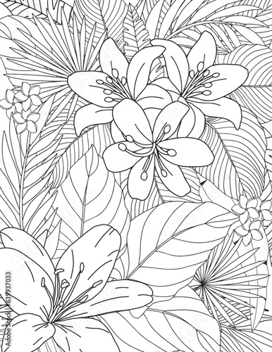 Coloring page of tropical flowers and leaves. Antistress for adults and children.