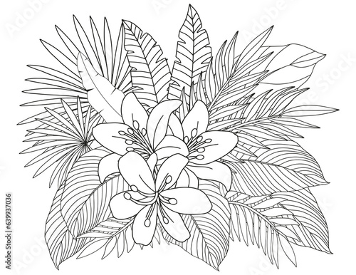 Coloring page of tropical flowers and leaves. Antistress for adults and children.