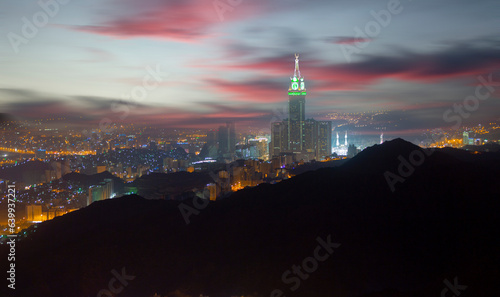Skyline with Abraj Al Bait (Royal Clock Tower Makkah) in Makkah, Saudi Arabia. The tower is the tallest clock tower in the world at 601m (1972 feet).
