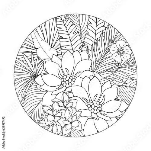 Coloring page of tropical flowers and leaves. Antistress for adults and children.