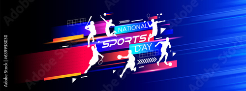 sport background, national sports day celebration concept, with abstract geometric ornament and illustration of sports athlete football player, badminton, basketball, baseball, tennis, volleyball photo