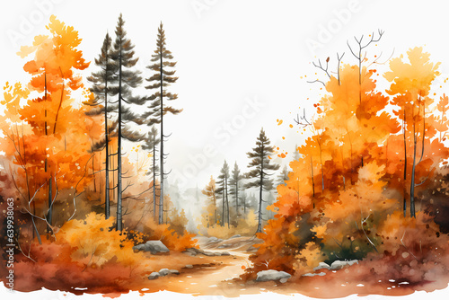 Autumn forest, watercolor landscape. Сolorful fall season © Olena