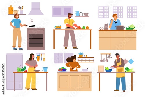 Cartoon people engaged in home cooking. Happy men and women make salads, cook soups, fry fried eggs, household chores process, vector set © Vectorcreator