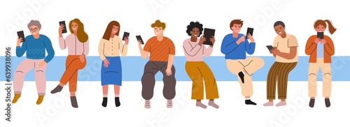 Cartoon people sit and use devices. Girls and boys with mobile phones and tablets, happy students characters, modern education, vector set
