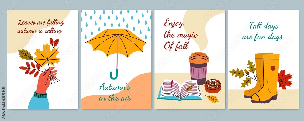 Cartoon autumn seasonal posters. Cute cozy fall elements, rubber boots, umbrella and herbarium made of leaves, hygge objects, vector set