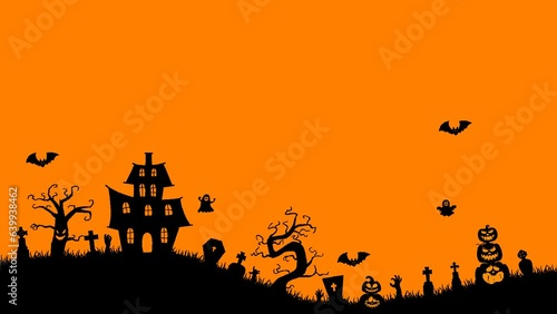 halloween background animation with pumpkins, spooky tree, vintage haunted house, and bats flying over cemetery