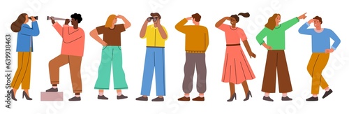 Cartoon people look through binoculars and spyglasses. Glance future, guys and girls explore distance, inspirational perspective, vector set