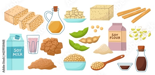 Cartoon soy food. natural plants products, beans, tofu and milk, vegetarian cuisine, diet ingredients, meat protein alternative, vector set