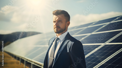 Man standing in front of solar pannel, sun, businessman, CSR, company social responsability, ecology,, future, energy, reneweable energies, clean electricity, global warming, climate change