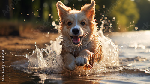 happy dog running in the water with big ears