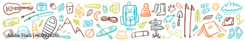 Photo Vector horizontal collection of camping and hiking items in doodle style