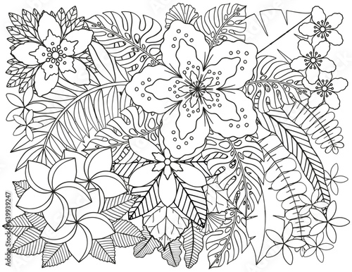 Coloring page of tropical flowers and leaves. Antistress for adults and children.