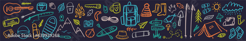 Vector horizontal collection of camping and hiking items in doodle style.