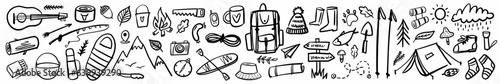 Vector horizontal collection of camping and hiking items in doodle style.
