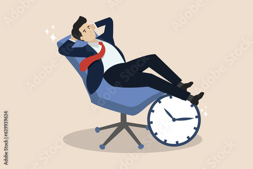 Productivity and efficiency in work, job delay or project deadline, best performance employee concept, smart casual businessman sitting on clock.