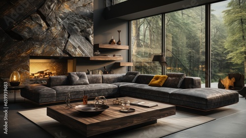 Interior of cozy modern luxury cottage. Stone wall, comfortable corner sofa, rough wood coffee table, fireplace, rug on wooden floor. Panoramic windows with forest view. Eco home design.