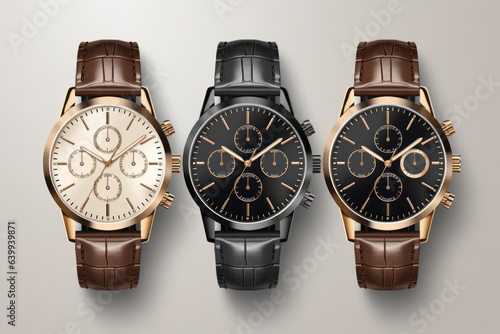 Beautiful luxury trendy three men's watches of the same type with leather straps isolated on a light background.generative ai
