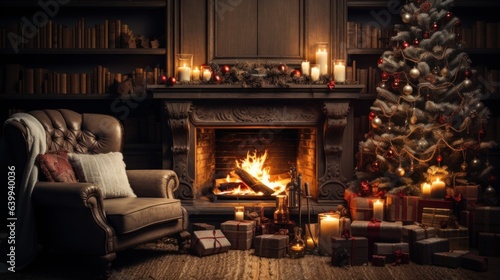 Interior of cozy classic living room with Christmas decor. Blazing fireplace, garlands and burning candles, elegant Christmas tree, gift boxes, comfortable vintage armchair, bookcase. 3D rendering.