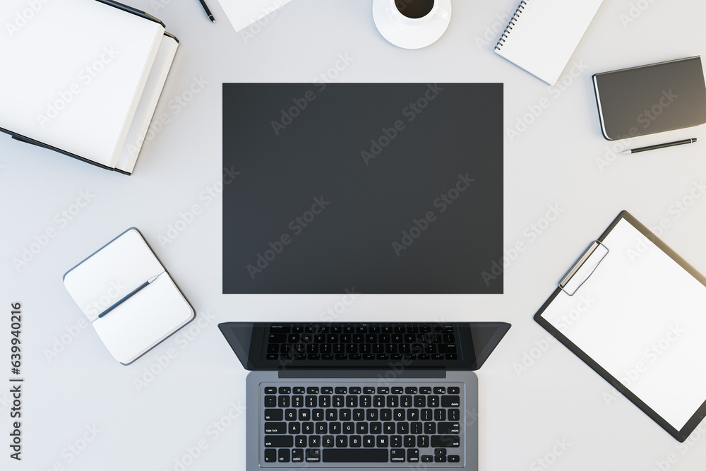 Top view and close up of white office workspace with supplies, devices and mock up place for your advertisement. 3D Rendering. Top view and close up of white office workspace with supplies, devices and mock up place for your advertisement. 3D Rendering.